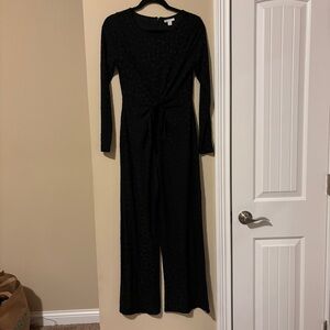 Black Jumpsuit with Leopard Print and a Tie at the waist